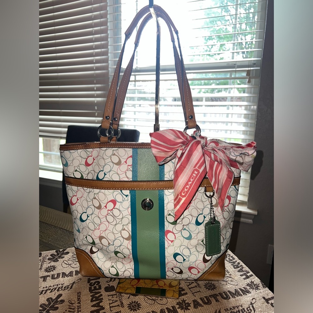 Coach Green and Blue Tote Bag with Leather Straps